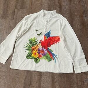 White Shirt with Parrot and Floral Print